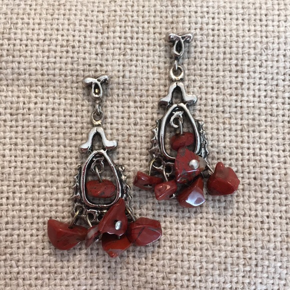 Antique Silvertone Dangle Earrings Boho Chic Stone - Picture 1 of 7